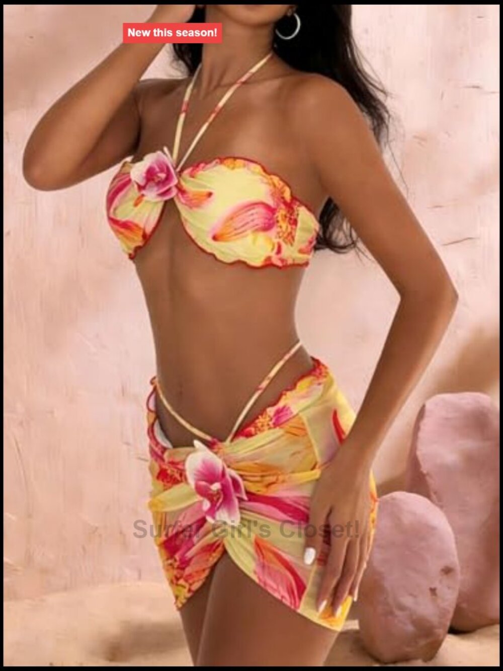 Floral Halter Triangle Bikini Set with Mesh Cover Up Skirt Summer Beach Swimwear - Picture 6 of 7